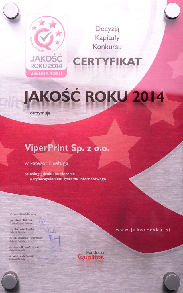certyfikat jakość roku - drukarnia viperprint